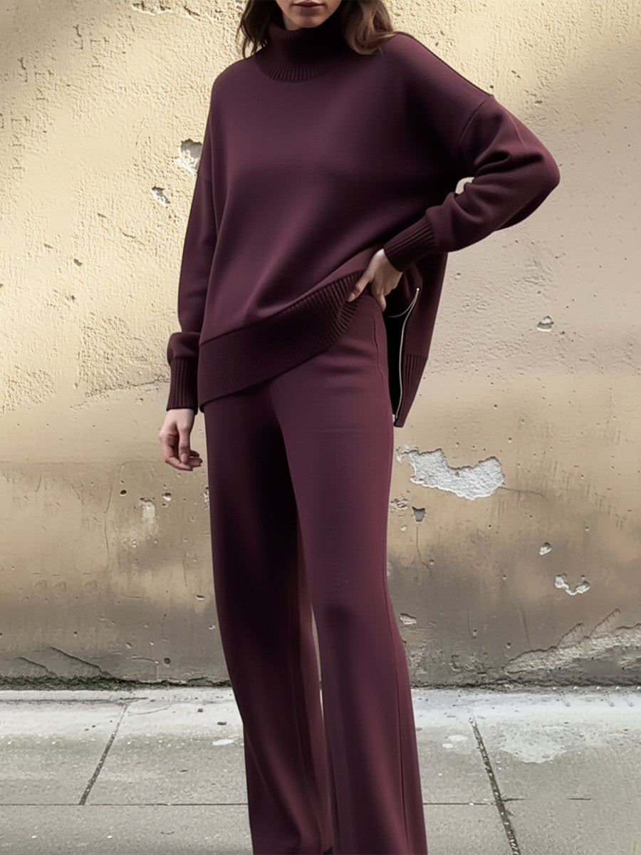 UrbanEase – Casual Stand Collar Two-Piece Set – Burgundy / M