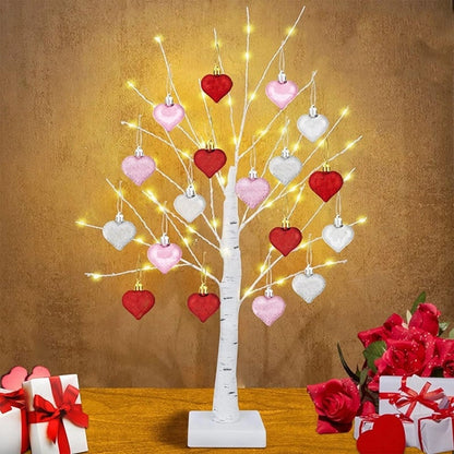 LumiBloom – Heart-Adorned LED Birch Table Decor – LED Tabletop Birch Tree with 18 Heart Ornaments