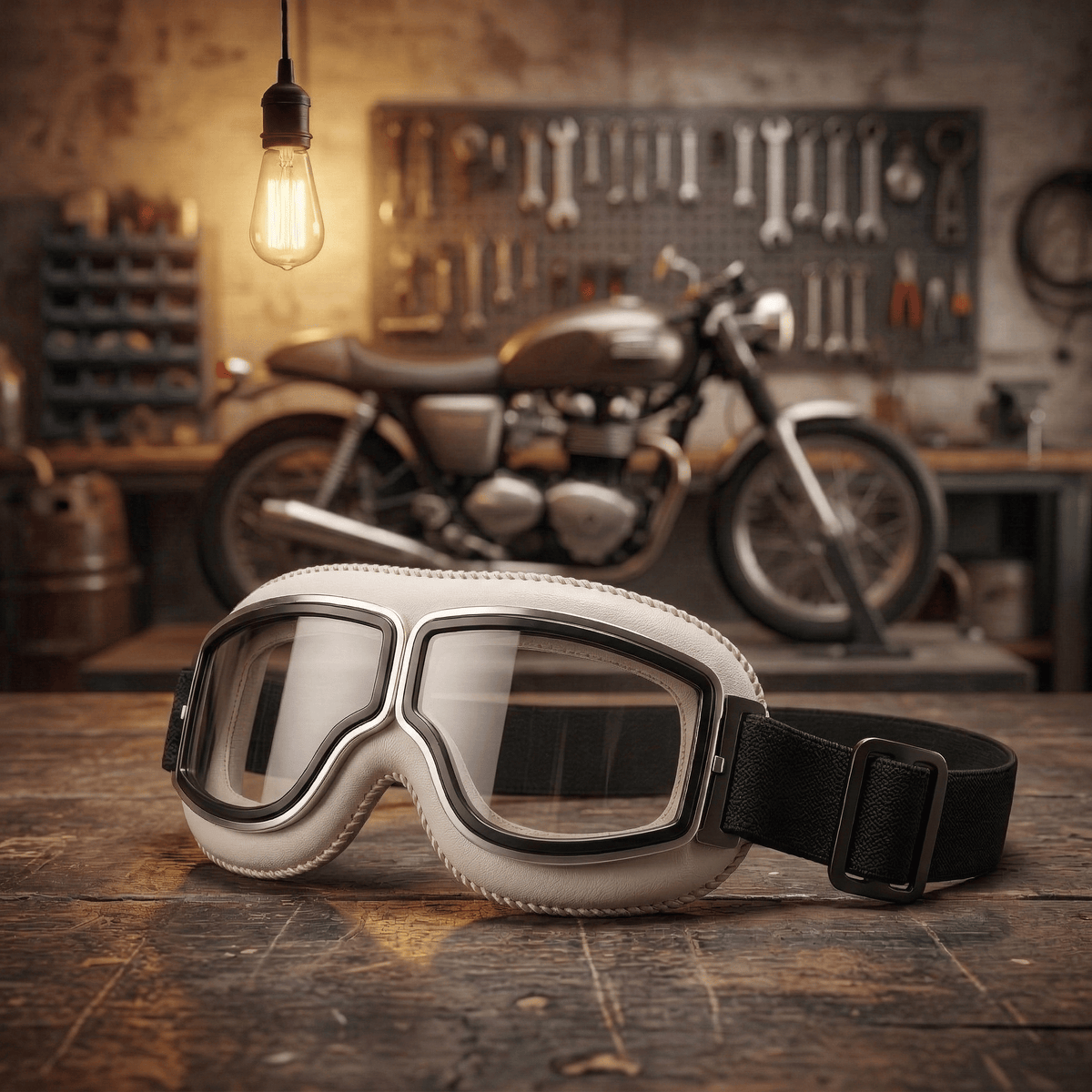 RetroRide – OTG Vintage Motorcycle Riding Goggles – Creamy White / Transparent
