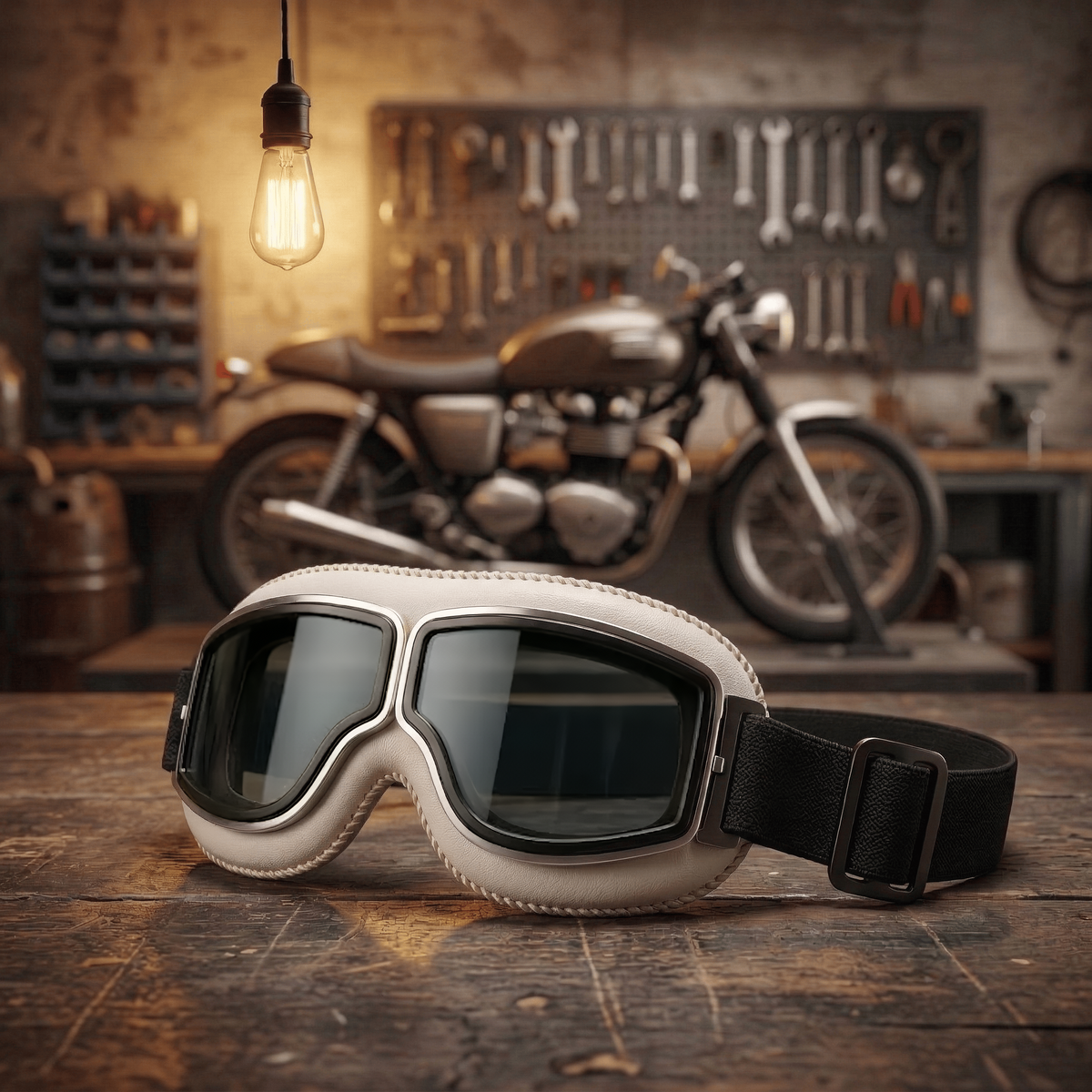 RetroRide – OTG Vintage Motorcycle Riding Goggles – Creamy White / Dark Gray