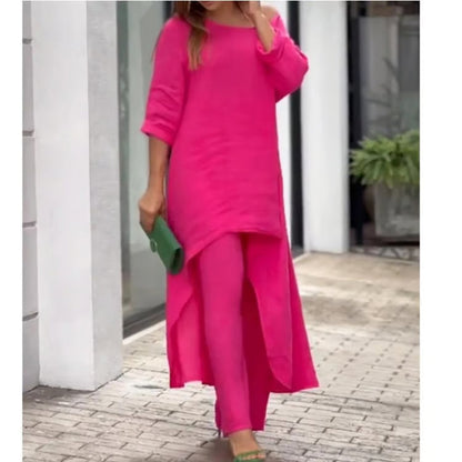 LunaFit – Women's Solid Color Linen Casual Suit – Rose / S