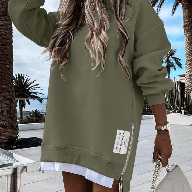 AuraWear – Comfortable Long Sleeve Pullover Casual Dress – Army Green / S