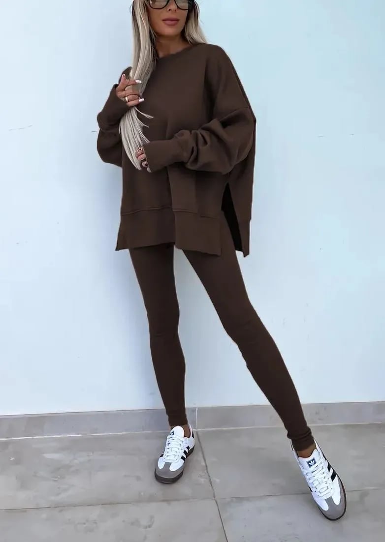 SoftEase – Comfy Slit Sweatshirt Two-Piece Set – Brown / S