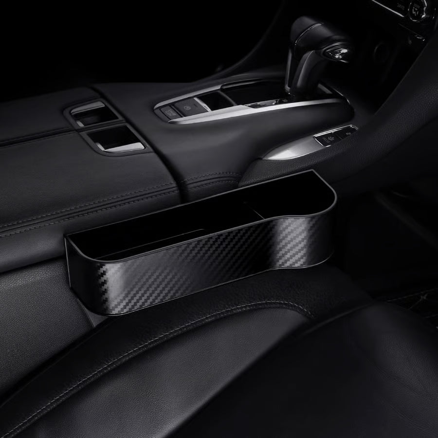 DriveMate – Multi Pocket Leather Car Seat Storage Organizer – Black / Right Seat / Carbon Fiber