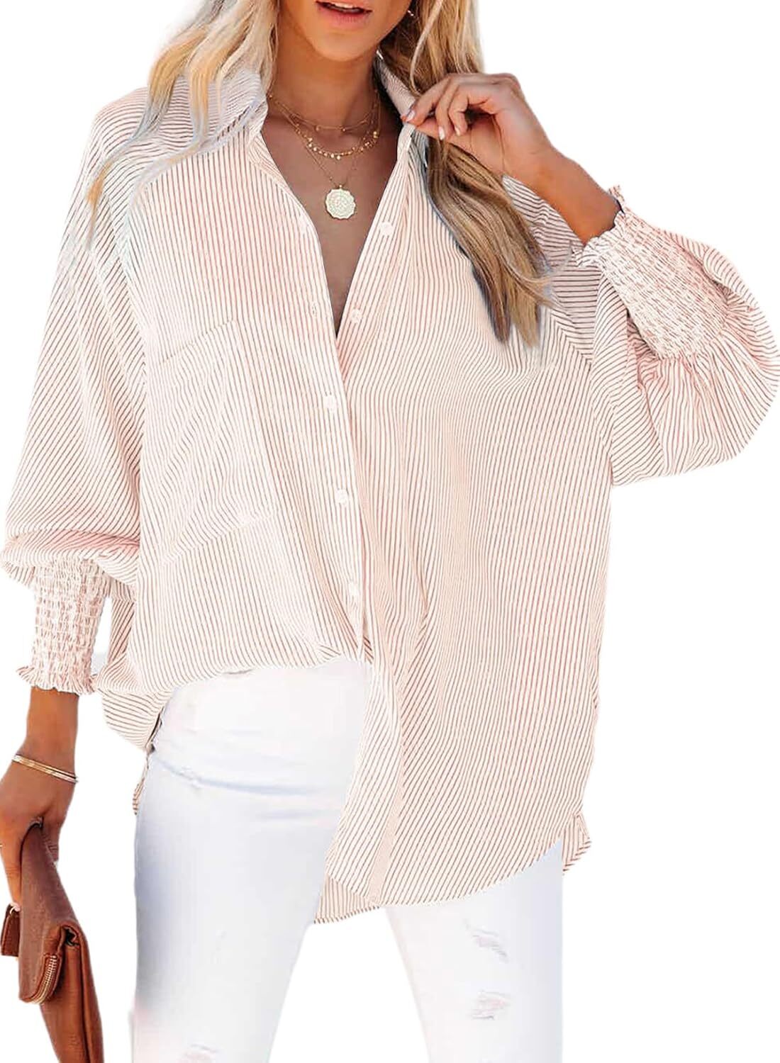 2026 ItemWomen's pleated cuffs striped shirt with pockets and casual collar – image 28