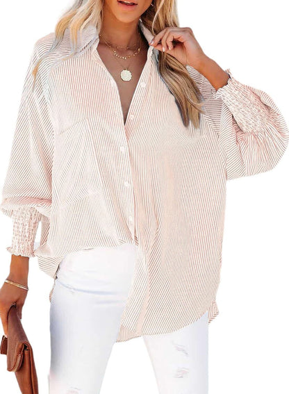 2026 ItemWomen's pleated cuffs striped shirt with pockets and casual collar – image 28