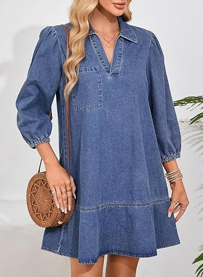Deniva | Elegant V-Neck Denim Dress – Classic Denim / XS