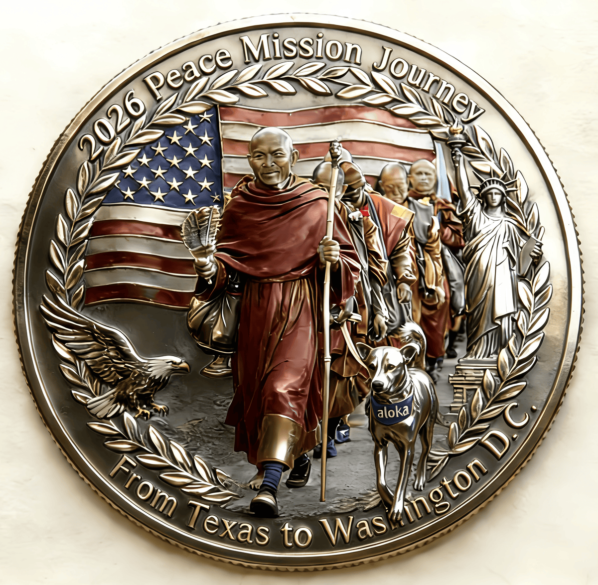 AlokaLegacy – Walk for Peace Commemorative Coin – Buy 1 / ️All proceeds will be donated to support the monks' journey, including medical supplies for Aloka and basic necessities for the group