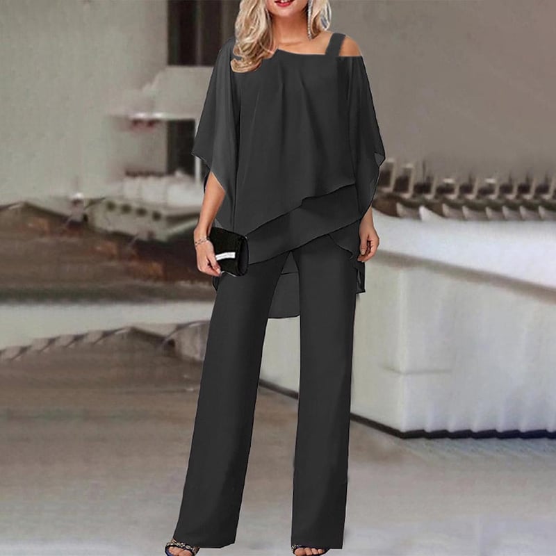 PureLuxe – Women’s Layered Chiffon Outfit Set – Black / S