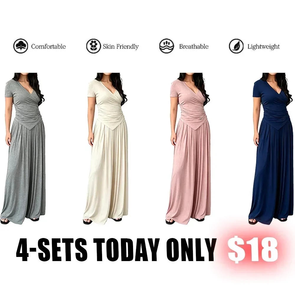 MaisonLuxe – Sophisticated Wrap Top & Wide Leg Pants Set – 4-SETS B / XS / XS