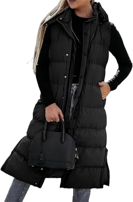 QuiltChic – Women's Long Puffer Vest with Hood – Black / S