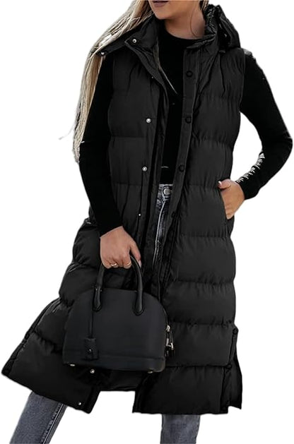 QuiltChic – Women's Long Puffer Vest with Hood – Black / S