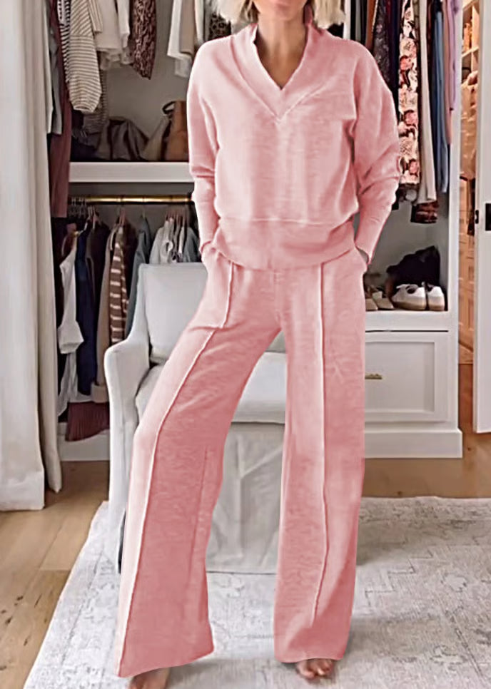 ModaVibe – Fashionable Solid Color Two-Piece Set – Pink / S