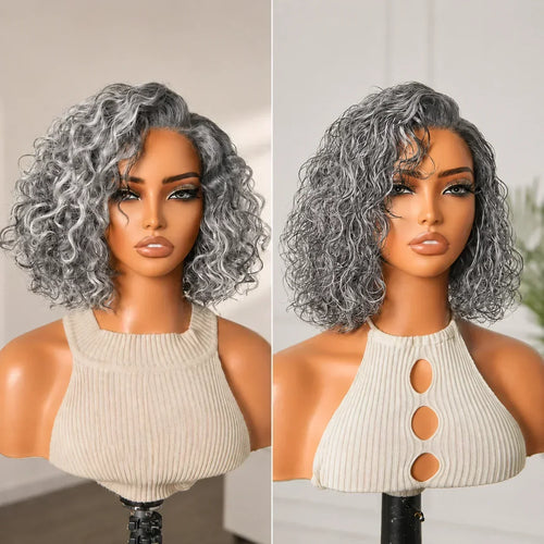 CurlLuxe – Ready-to-Go Glueless Curly Bob Wig – Silver grey / 10