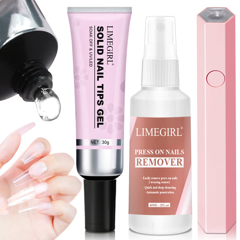 TitanHold – Solid UV Nail Adhesive kit – Solid Nail Tips Gel + Nail Glue Remover + Handheld UV Nail Lamp (Pink)