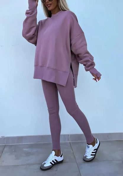 SoftEase – Comfy Slit Sweatshirt Two-Piece Set – Purple / S
