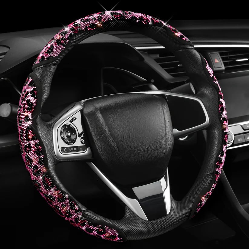 LuxiDrive – Crystal Studded Steering Wheel Cover – Pink leopard print / 3pcs