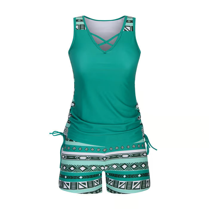 BreezeEase – Bohemian Tankini Swim Set – Green / S