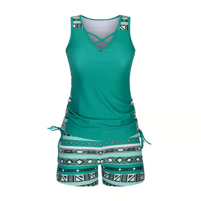 BreezeEase – Bohemian Tankini Swim Set – Green / S