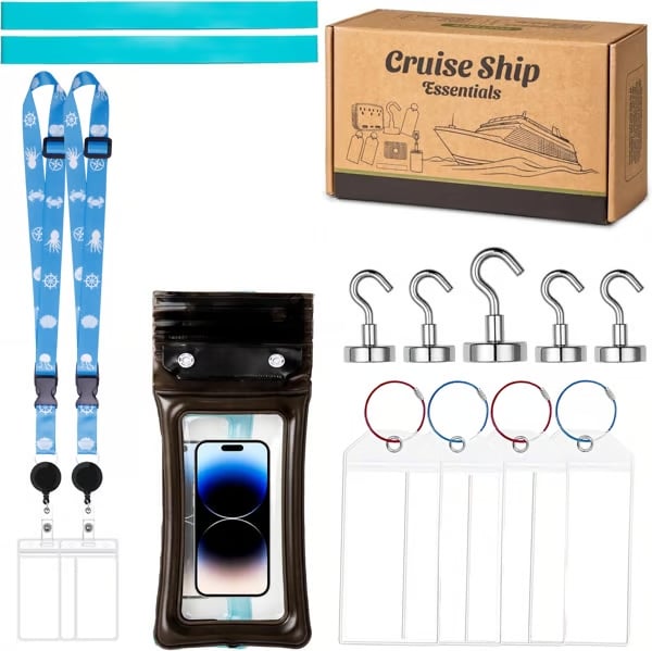 WavePack – All-in-One Cruise Kit – Basic Edition(2 Lanyard with ID Holder+5 Magnetic Hooks+4 Luggage Tag Set+2 Towel Bands+2 Waterproof Phone Holder ）