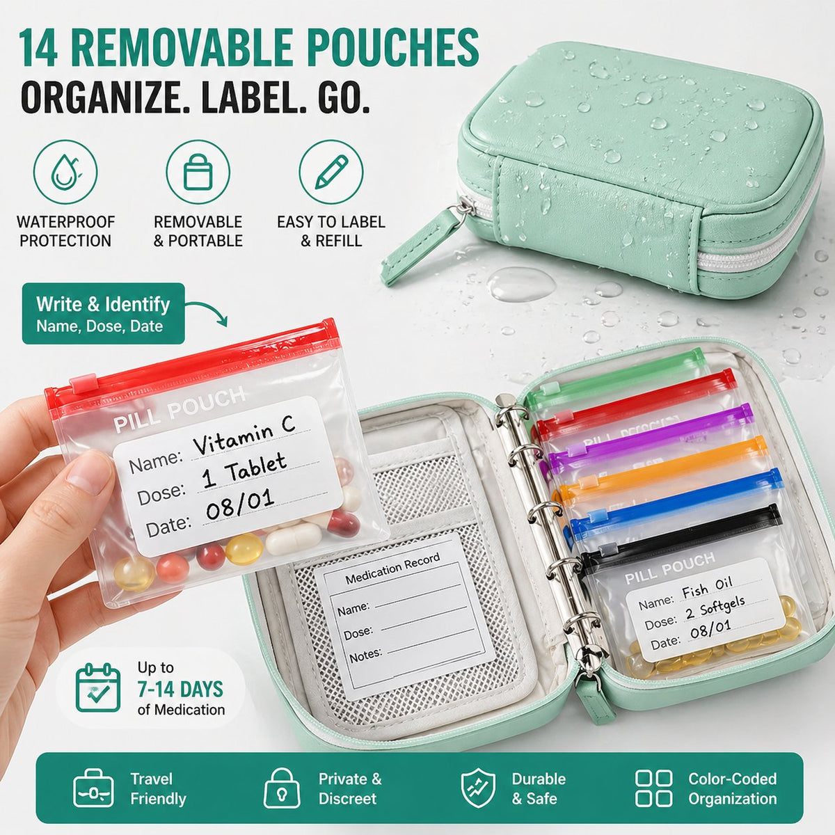 MediPack – Waterproof Pill Organizer Pouch Set – Green
