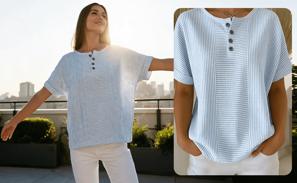 LunaWear – Round Neck Short Sleeve Blouse – Blue / Buy 1 / S