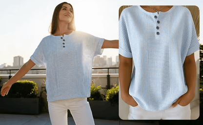 LunaWear – Round Neck Short Sleeve Blouse – Blue / Buy 1 / S
