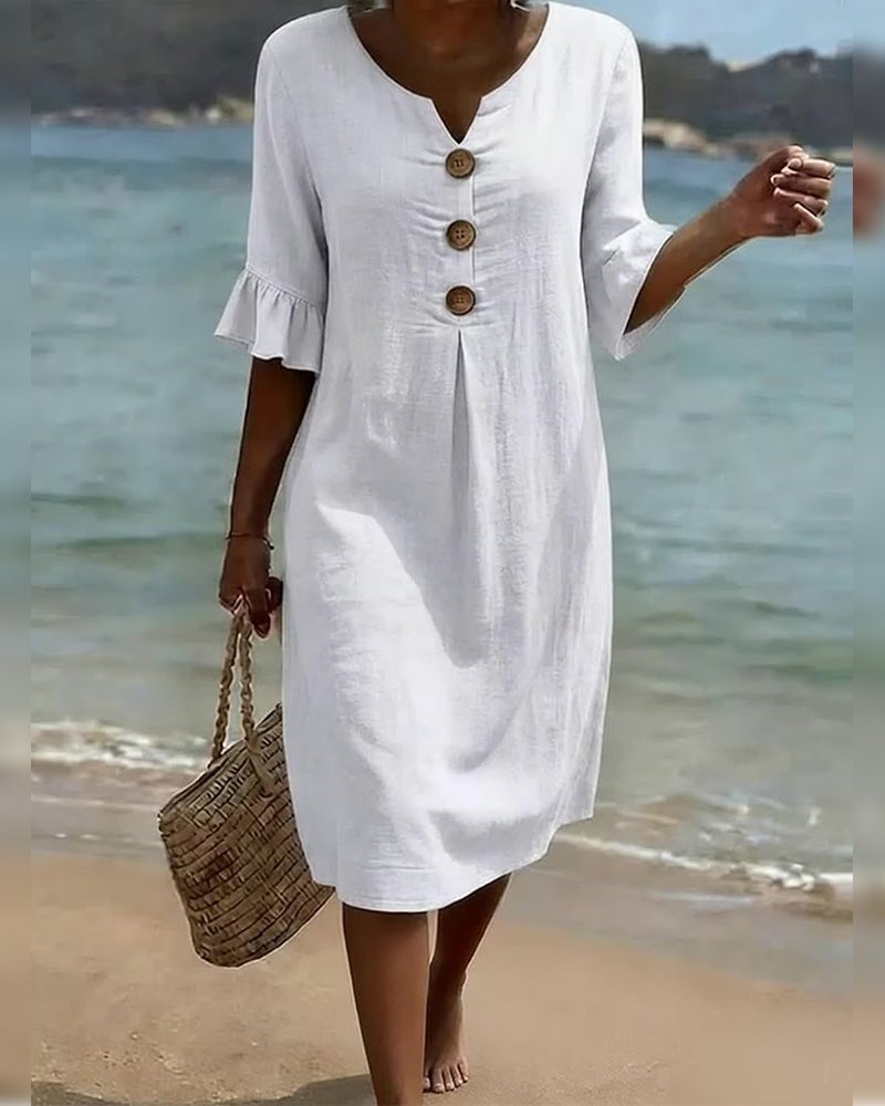 CottonCharm – Button Ruffle Sleeve Dress – White / US4(S)