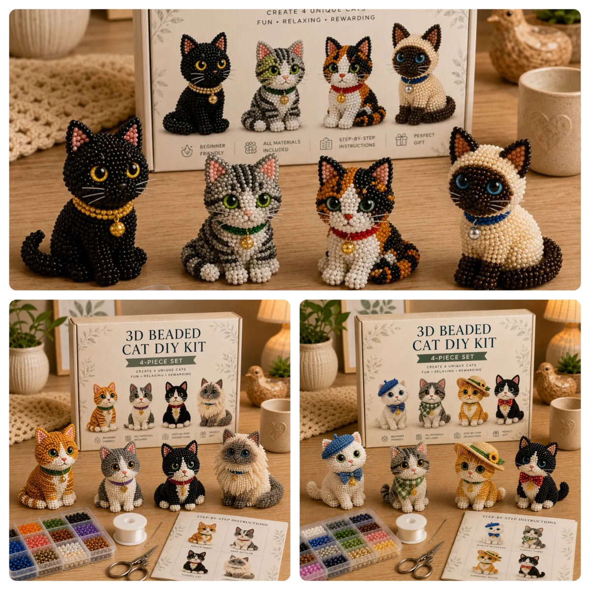 PawCraft – 3D Beaded Pet DIY Kit – Cat Style Set 1+2+3 (3-Piece Set)