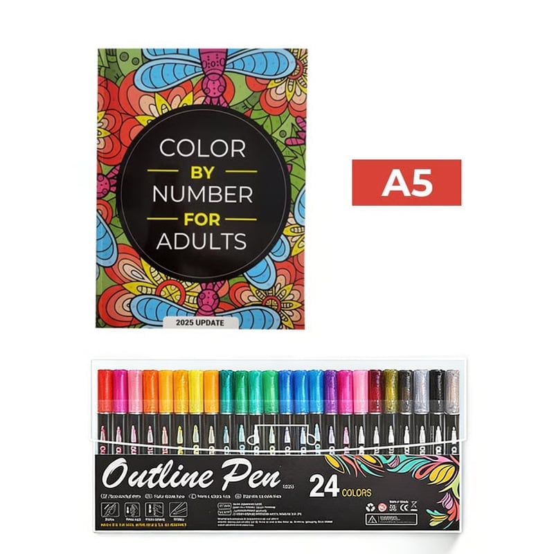 QuietCanvas – Therapeutic Coloring Book for Adults – A5 + Outline Shimmer Markers (24 colors)