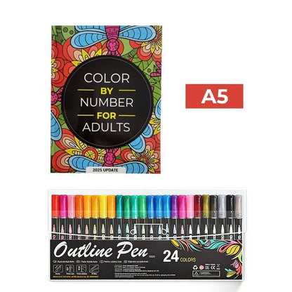 QuietCanvas – Therapeutic Coloring Book for Adults – A5 + Outline Shimmer Markers (24 colors)