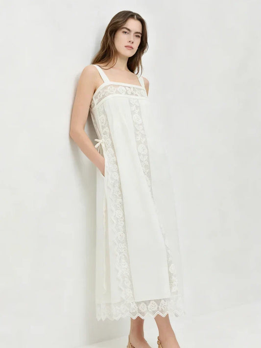 PureLinen – Vintage Lace Summer Midi Dress – White / XS