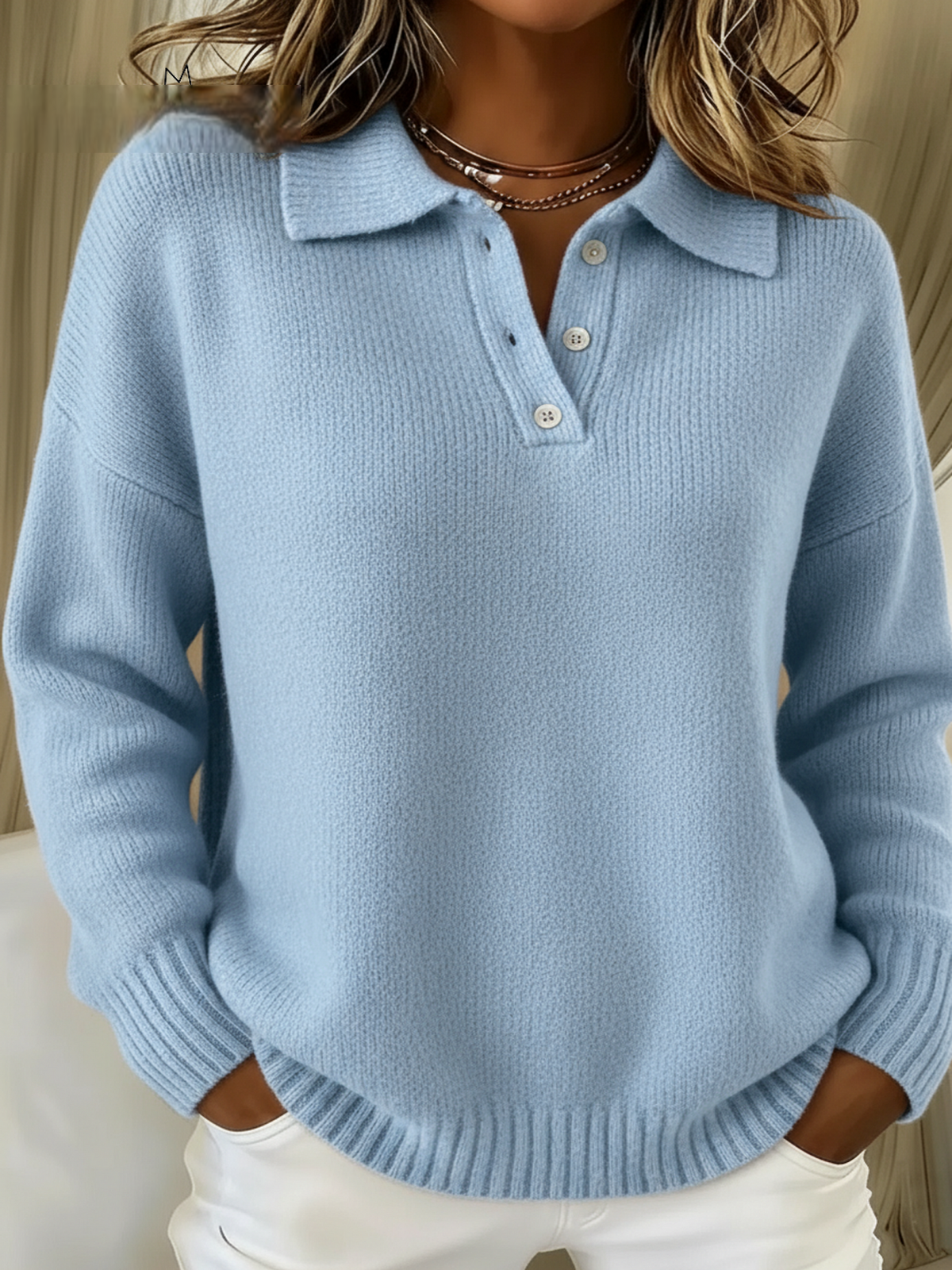 LunaTide – Classic Button Turtleneck Sweater – Light Blue / XS
