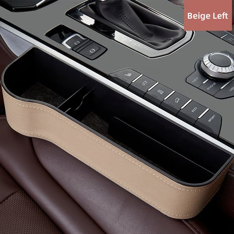 DriveMate – Multi Pocket Leather Car Seat Storage Organizer – Beige / Left Seat / Leather