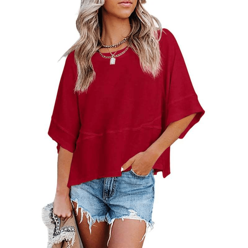 PureEase – Oversized Crewneck Comfort Summer Top – Red / S