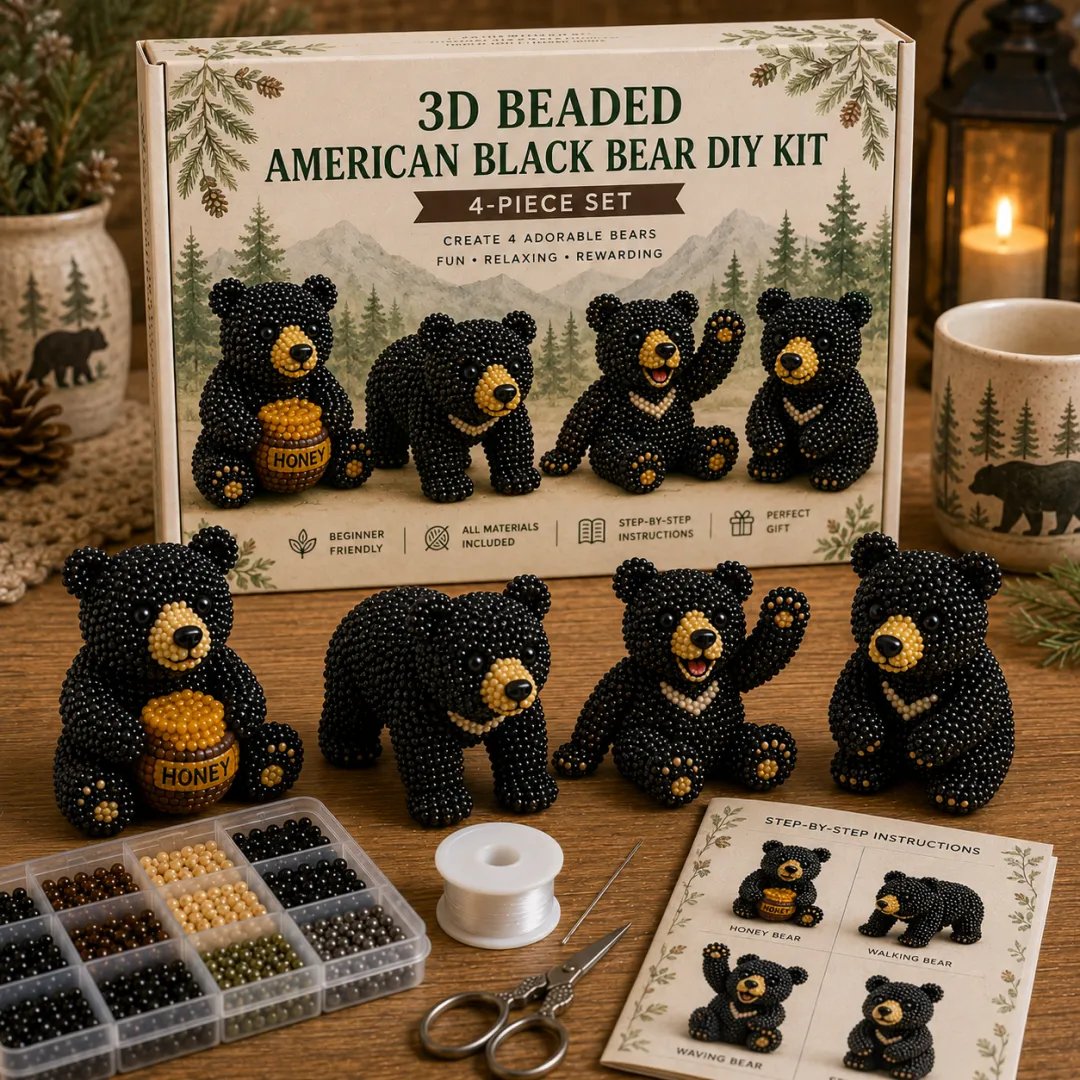 BearCraft - 3D Beaded Bear DIY Kit (4-Piece Handmade Set) – American Black Bear