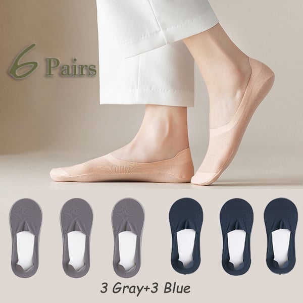 BareStep – Thin No Show Socks – 6 Pairs/3 Gray+3 Blue / M（FEMALE 4.5-8/MALE 6-6.5）