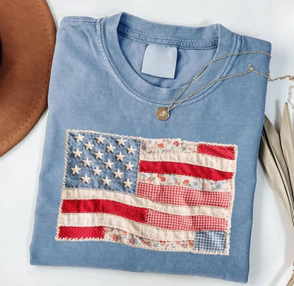 RedWhiteRebel – Retro American Flag Patchwork Tee – Blue Jean / S