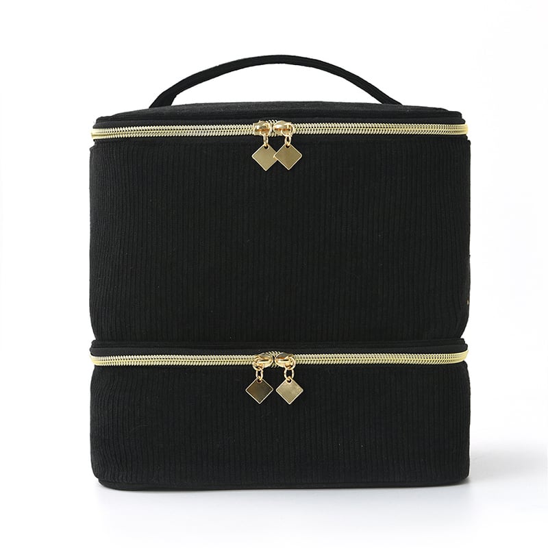 PolishPro – Deluxe Double‑Layer Nail Organizer Case – Corduroy - Black