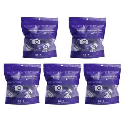 AirTowel – Disposable Compressed Travel Towel Set – Blue (30 pieces/pack) 5 Packs