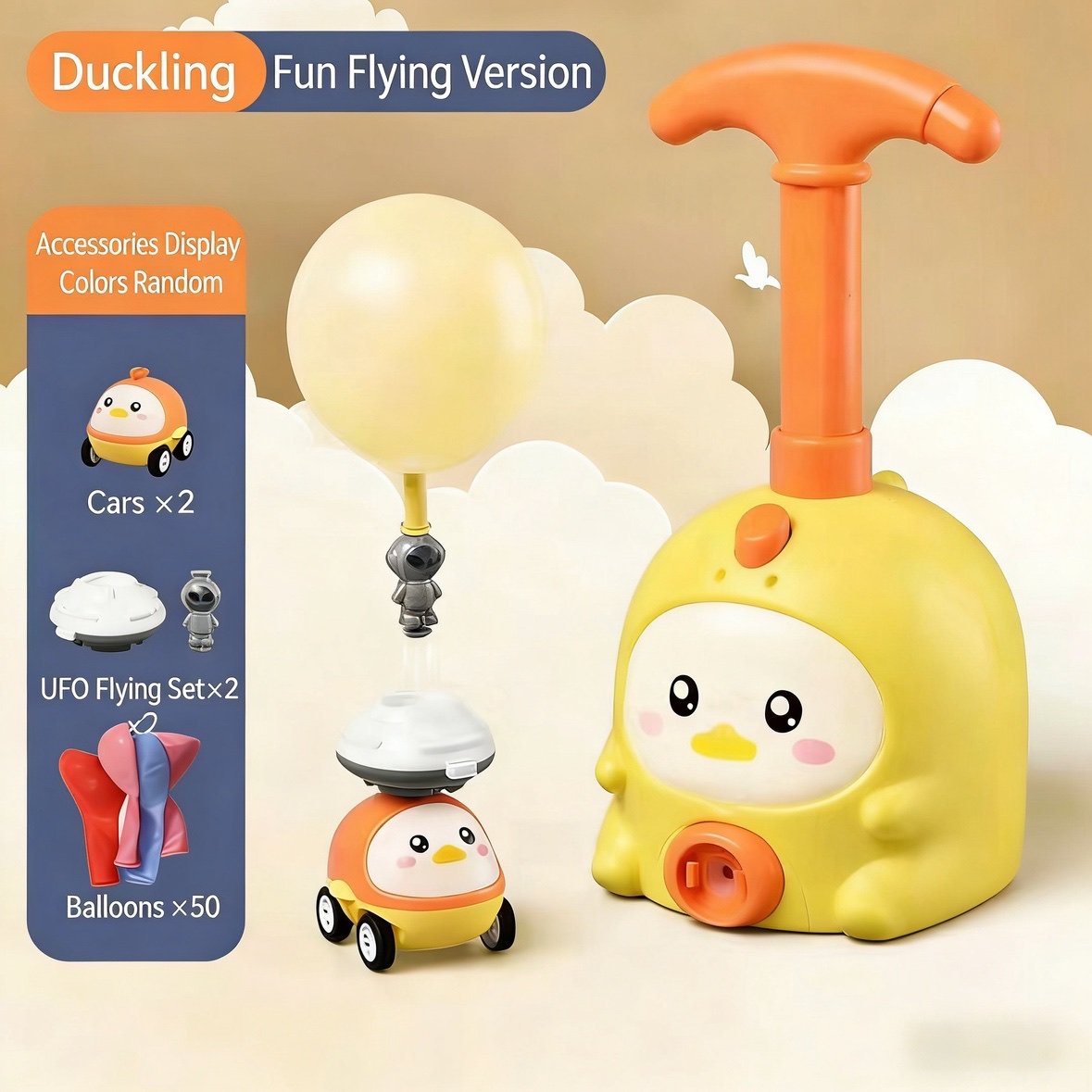BalloonBoom – Fun Outdoor Launcher Toy Set – 2 Yellow Duck Cars+2 UFO Flying Sets+50 Balloons