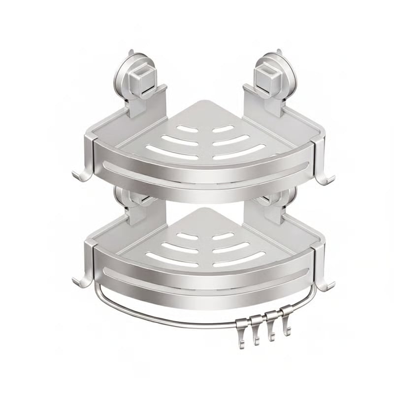 BathHaven – Triangle Suction Organizer – White - 2 Shelves with 8 hooks