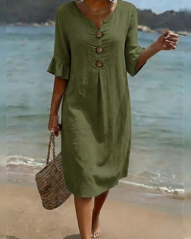 CottonCharm – Button Ruffle Sleeve Dress – Green / US16(3XL)