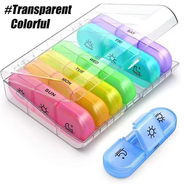 SafeSnap – 7-Day Portable Pill Organizer – Transparent box (colorful inner box)