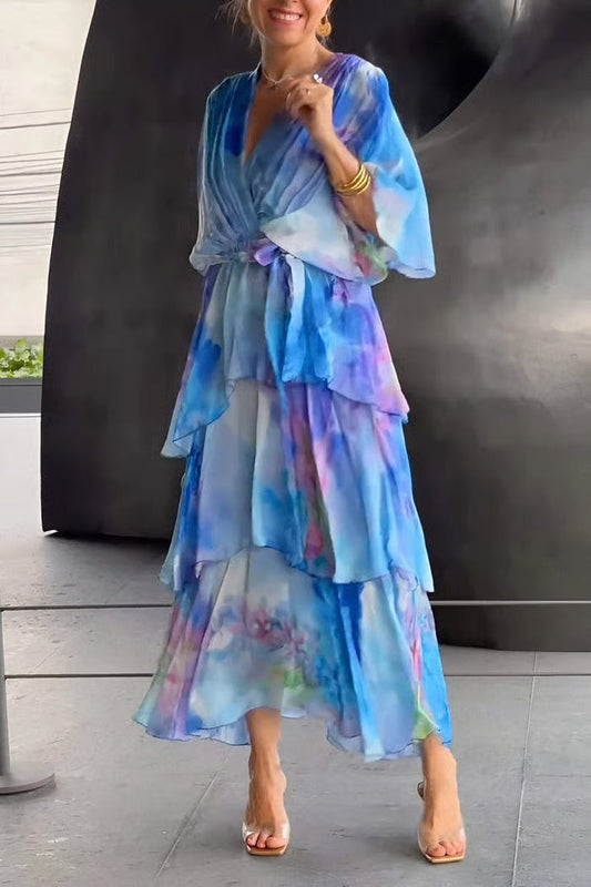 AuraFlow – Watercolor Chiffon Maxi Dress – Blue / S(8)
