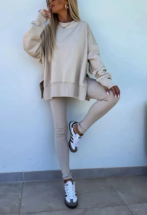 SoftEase – Comfy Slit Sweatshirt Two-Piece Set – Apricot / S