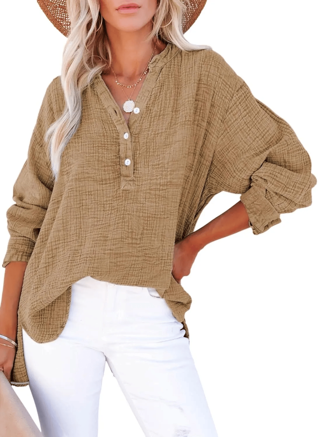 CloudFit – Women’s Casual Oversized Gauze Blouse – Brown / S