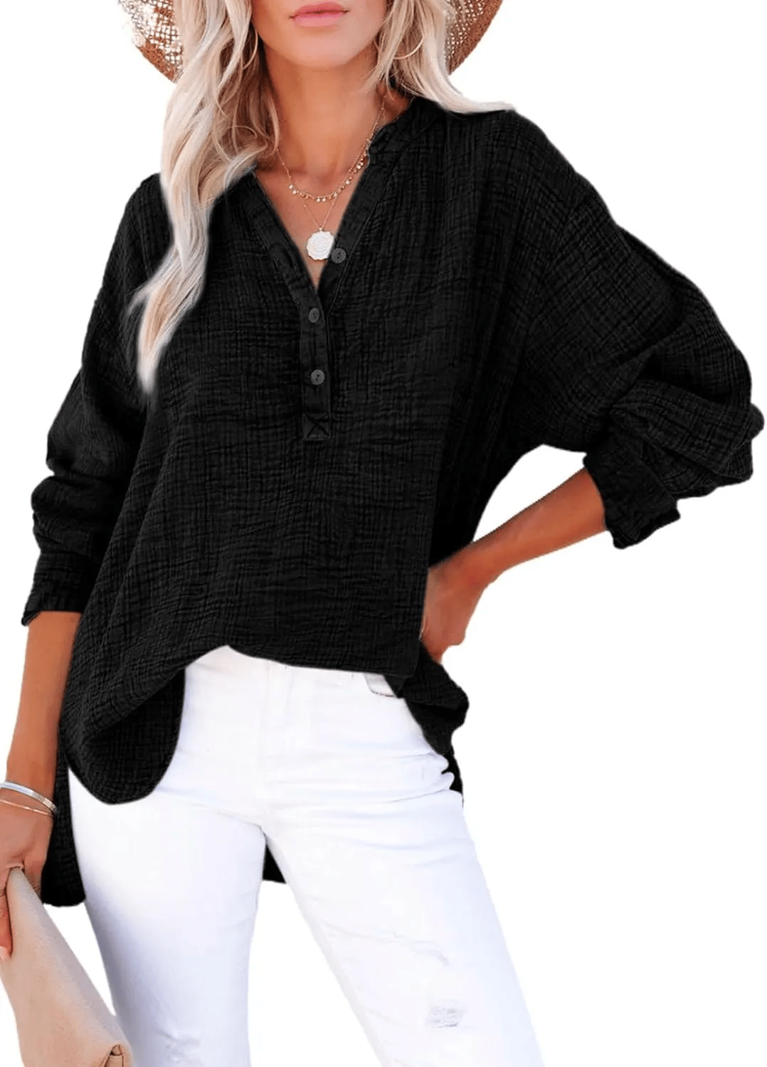 CloudFit – Women’s Casual Oversized Gauze Blouse – Black / S