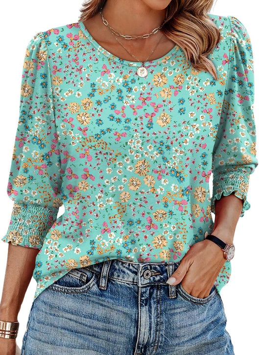 StyleBreeze – Elegant Relaxed Fit 3/4 Sleeve Top – Flowers on Lake - green Background / S