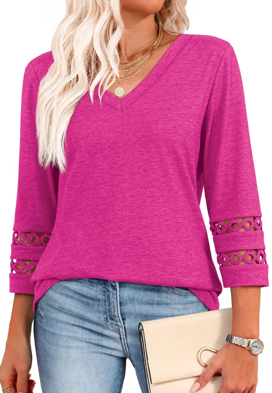 ClairaMode | Relaxed Fit V-Neck Sleeve Women Tee – Hot pink / S